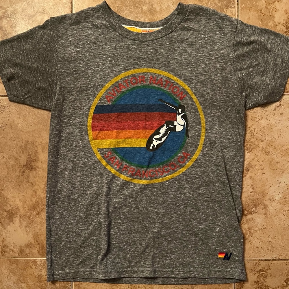 Aviator Nation Gray Tee with Rainbow Graphic